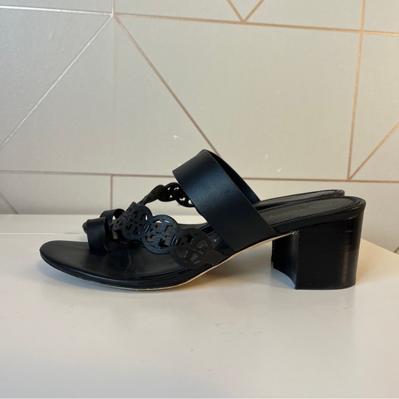 Tory Burch Tiny Miller 55mm Toe Ring Heeled Sandal Black Calf Leather - Picture 3 of 11